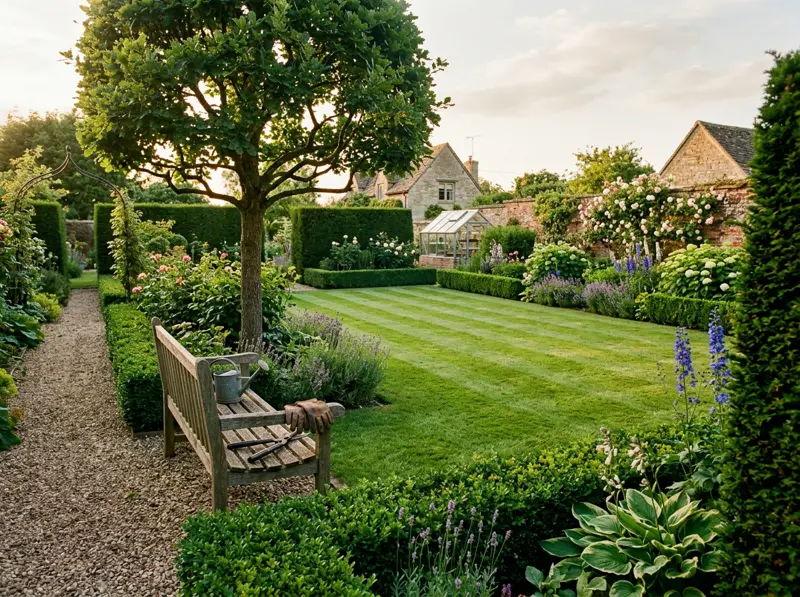 A neatly kept back garden with trimmed hedges, a striped lawn and shears resting on a bench