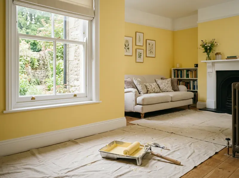A freshly painted soft-yellow living room with a roller and paint tray on a dust sheet