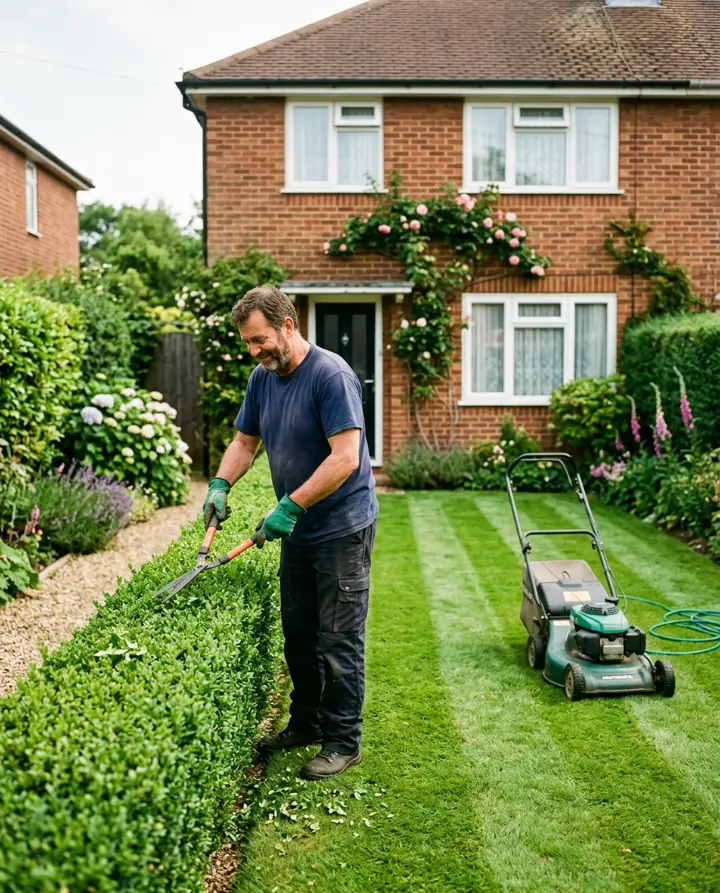 A handyman trimming a box hedge in the front garden of a red-brick house, with a freshly striped lawn and mower beside him